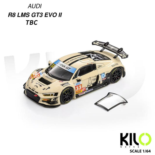 Model of Audi R8 LMS GT3 EVO II with Kilo Models branding on a white background