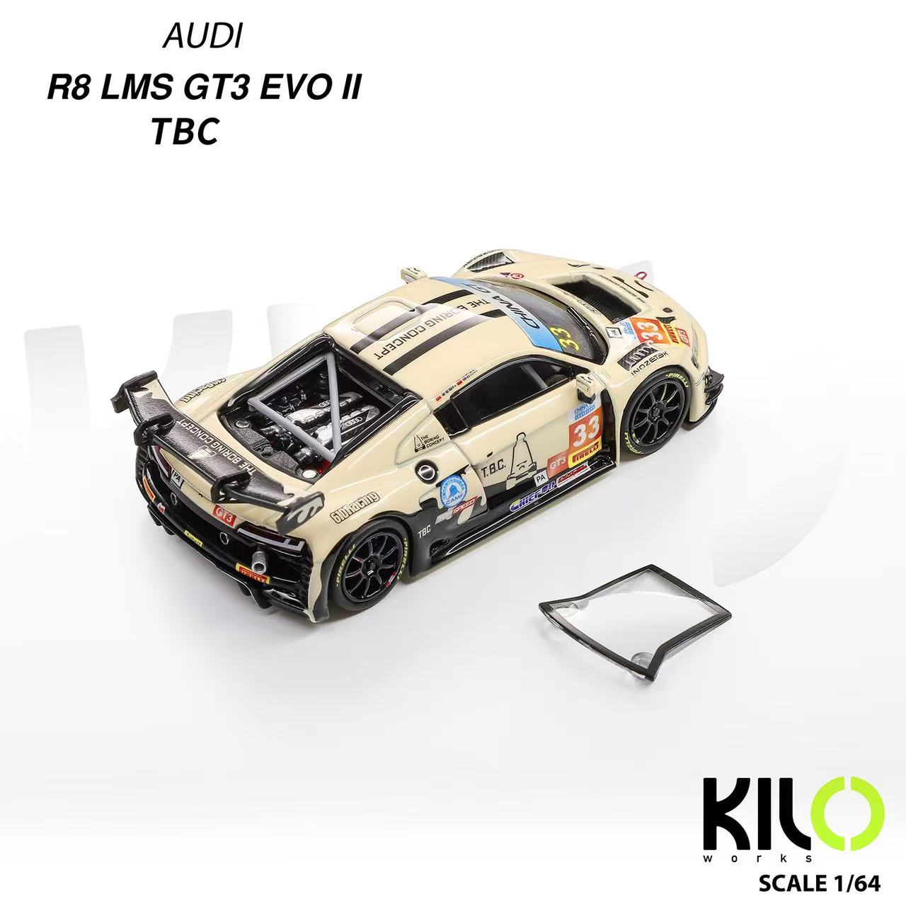 Model of Audi R8 LMS GT3 EVO II on a white background with Kilo Models branding.
