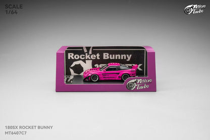 Model car packaging with pink car and 'Rocket Bunny' branding on a gray background