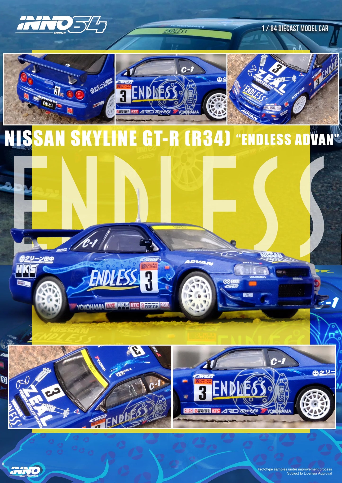 Inno64 1:64 Nissan Skyline GT-R (R34) #3 "Endless Advan" Super Taikyu Series 2002 Winner