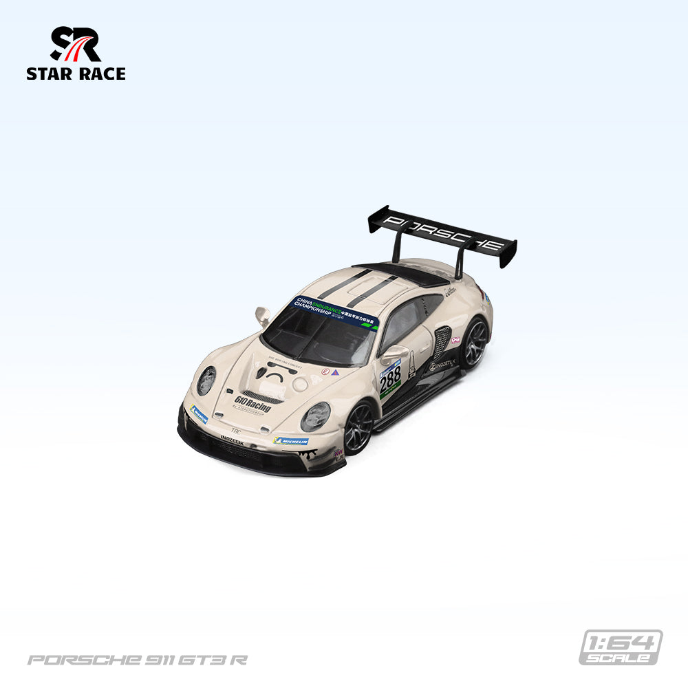 Model car of a Porsche 911 GT3 R on a white background with 'Star Race' branding.