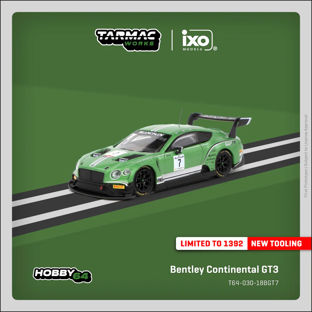 Model car of Bentley Continental GT3 on a green track with branding logos.