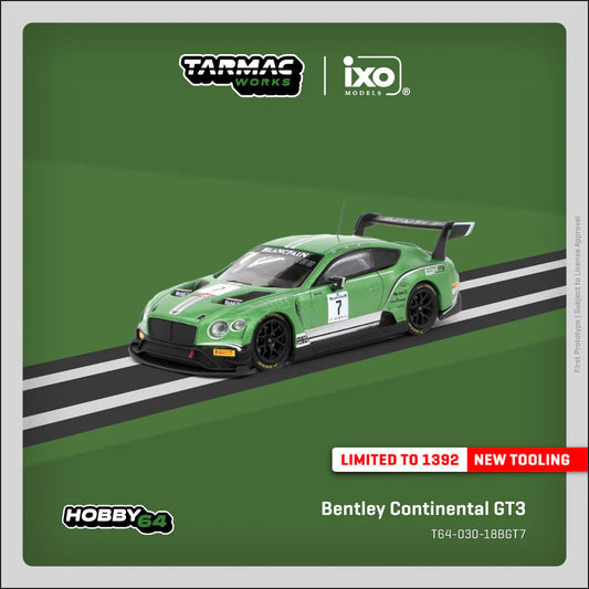 Model car of Bentley Continental GT3 on a green track with branding logos.