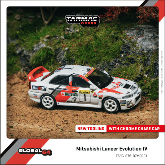 (Preorder) Tarmac Works 1:64 Mitsubishi Lancer Evolution IV Rallye Monte-Carlo 1997 Tommi Mäkinen / Seppo Harjanne T64G-076-97MCR01