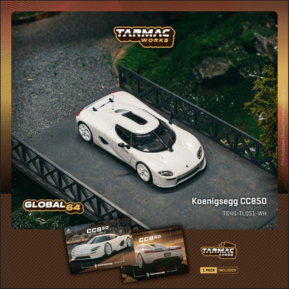 (Preorder) Tarmac Works 1:64 Koenigsegg CC850 White Model Car + Trading Cards Combo Set T64G-TL051-WH