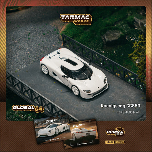 (Preorder) Tarmac Works 1:64 Koenigsegg CC850 White Model Car + Trading Cards Combo Set T64G-TL051-WH
