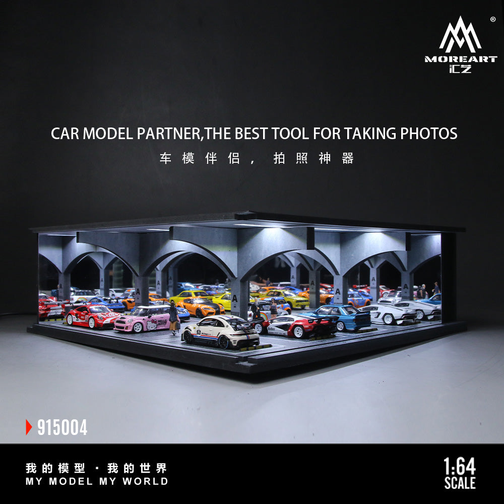 Model car display case with multiple cars inside, featuring MOREART logo.
