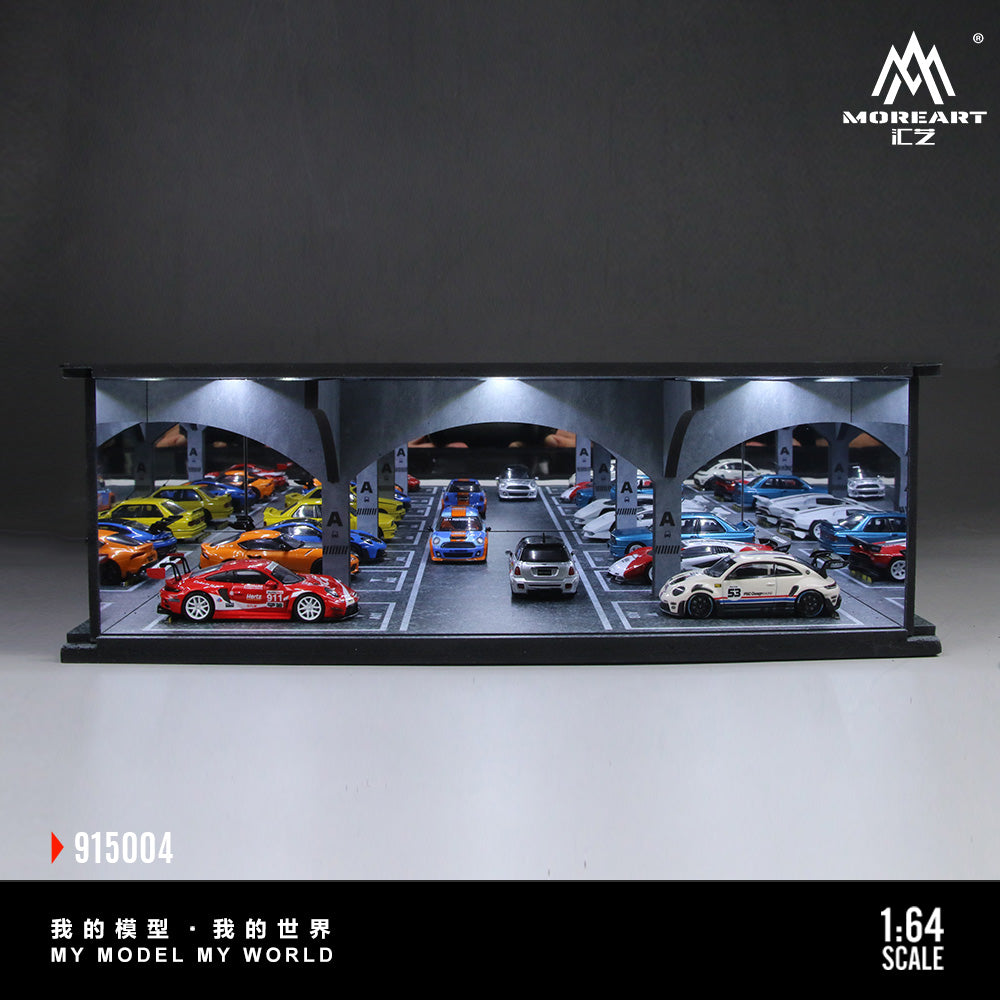 Model car display case with multiple cars inside, featuring the brand 'MoreArt'.