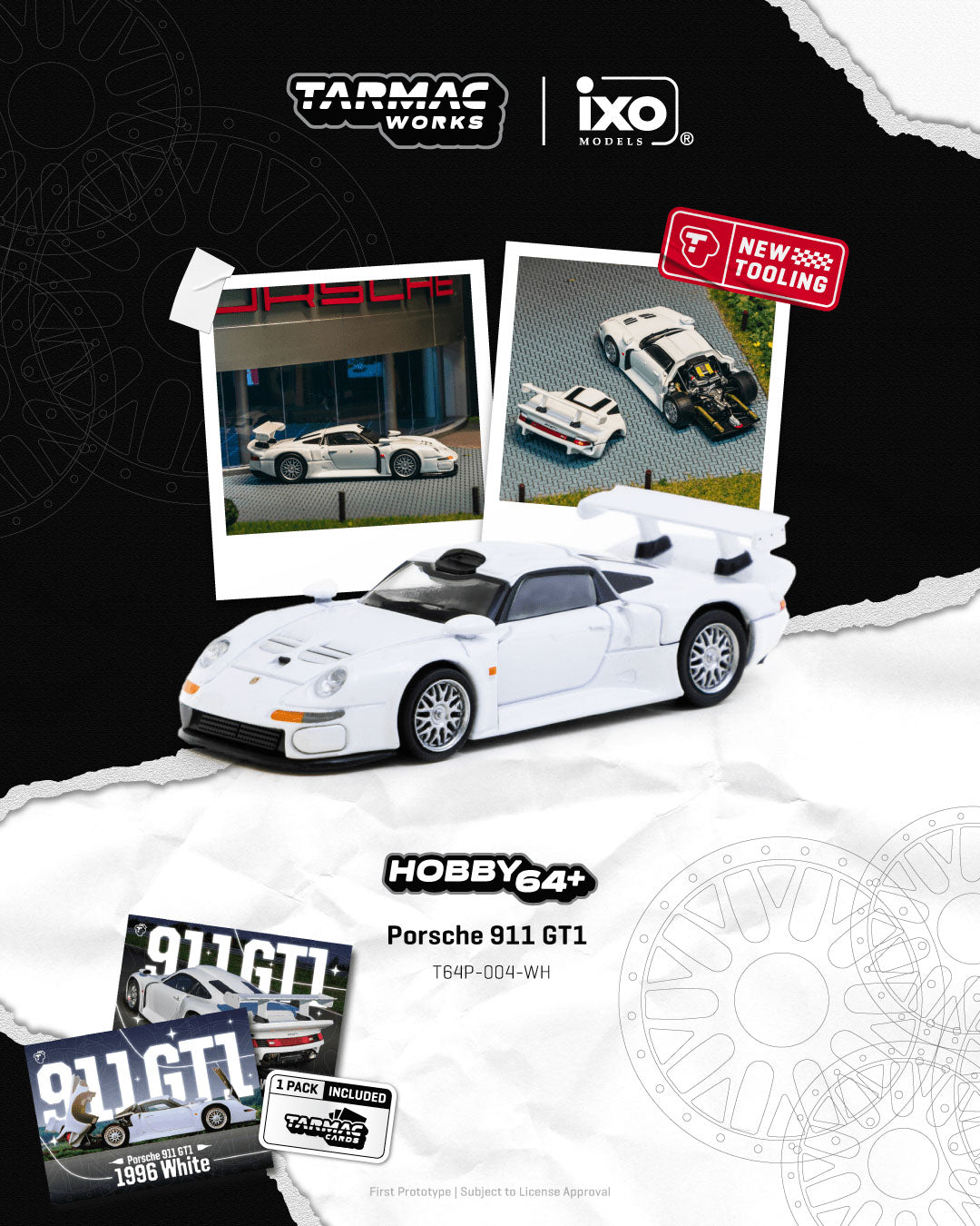 NEE デモセット　1〜9,11 Tarmac Works 1:64 Porsche 911 GT1 White Model Car + Trading Cards