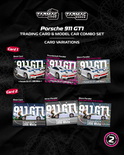 (Preorder) Tarmac Works 1:64 Porsche 911 GT1 White Model Car + Trading Cards Combo Set T64P-004-WH
