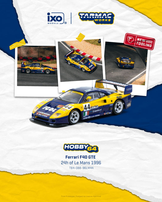 Tarmac Works Hobby 64 Ferrari F40 GTE 24h of Le Mans 1996 diecast car model collaborate with IXO model, and licensed by Ferrari.