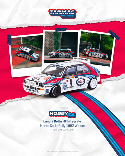 Tarmac Works Hobby 64 Lancia Delta HF Integrale Monte Carlo Rally 1992 Winner diecast car model. Licensed by Lancia.