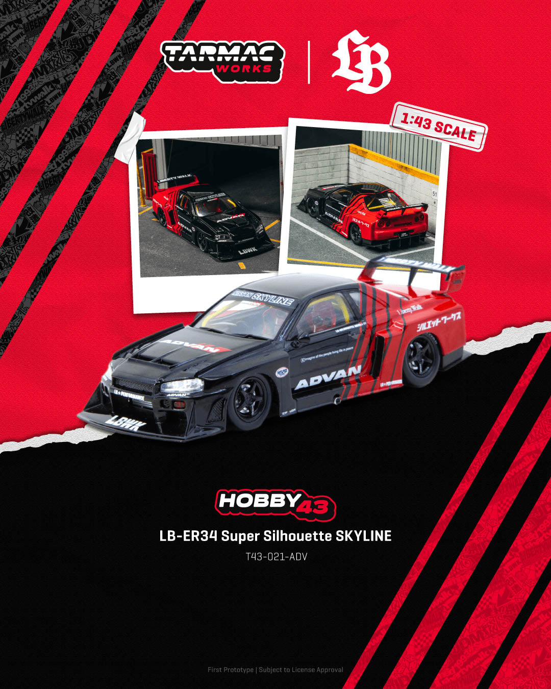 Tarmac Works Hobby 43 Nissan LB-ER34 Super Silhouette Skyline. Official licensed by Nissan, and collaboration with Liberty Walk.
