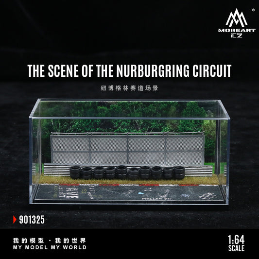Model of the Nurburgring circuit with tires and barriers in a clear display case, branded 'MOREART'.