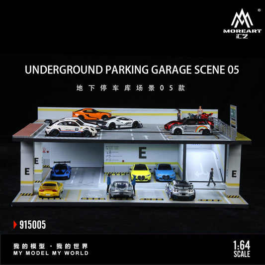Model underground parking garage scene with cars and 'MoreArt' branding.