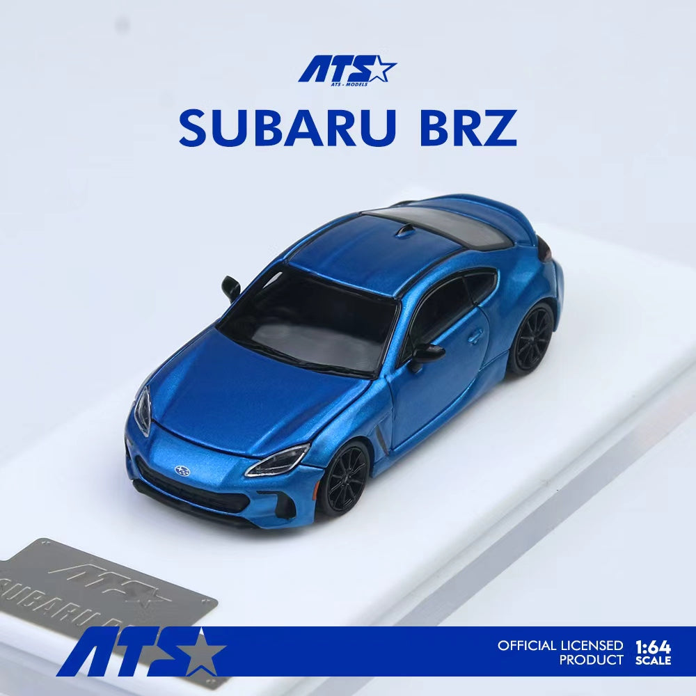 Blue Subaru BRZ model car on a white background with ATS branding.