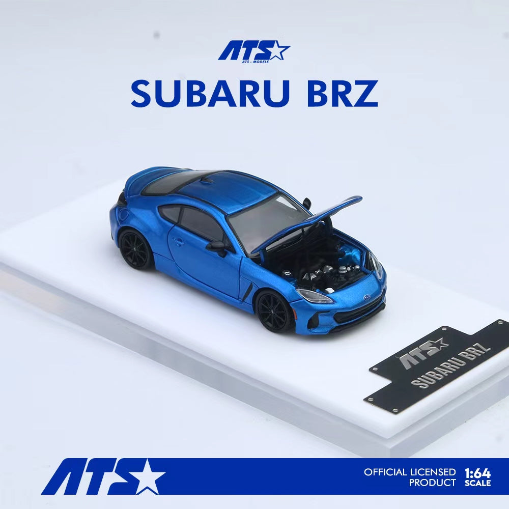 Blue model Subaru BRZ car on a white platform with ATS branding.
