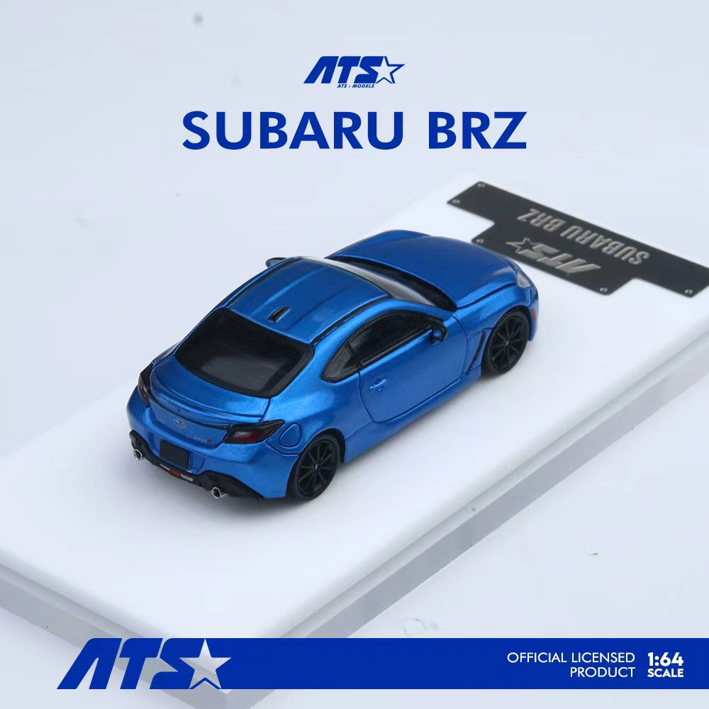 Blue Subaru BRZ model car on a white platform with ATS branding.