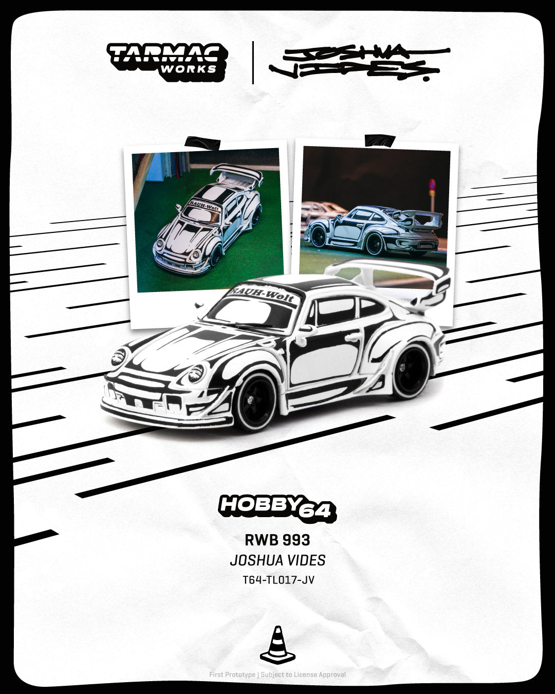 RWB 993 Model car packaging with Tarmac Works and Joshua Vides branding, featuring a white and black car design.