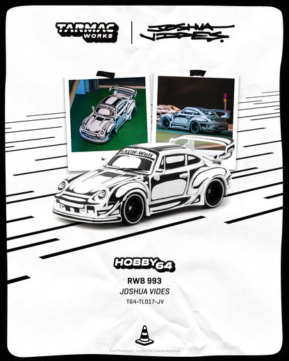 RWB 993 Model car packaging with Tarmac Works and Joshua Vides branding, featuring a white and black car design.
