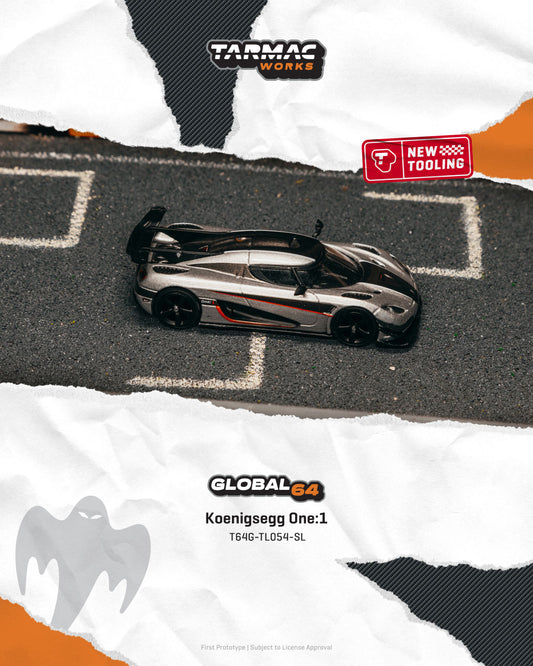 Koenigsegg One Silver Model car on a track with Tarmac Works branding