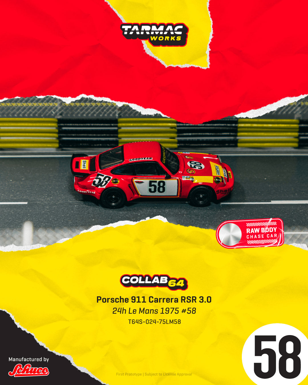 Porsche 911 Carrera RSR 3.0 Model car with Tarmac Works branding on a red and yellow background