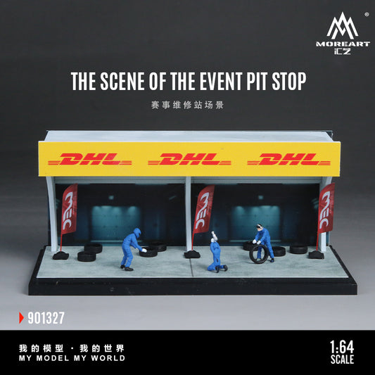 Model pit stop scene with DHL branding and workers, featuring MOREART CZ logo.