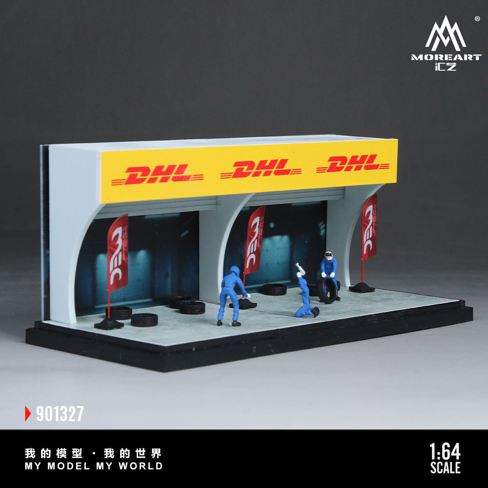 Model DHL facility with workers and vehicles on a gray background, featuring the MoreArt CZ logo.