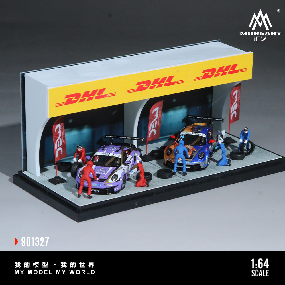 Model car garage with cars and workers under a DHL banner, featuring the MoreArt CZ brand.