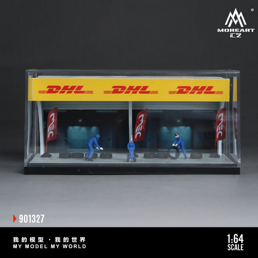 Model scene with DHL branding and workers in a clear box, featuring the brand 'MoreArt CZ'.