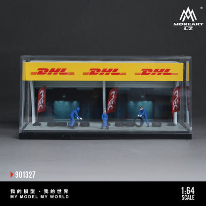 Model scene with DHL branding and workers in a clear box, featuring the brand 'MoreArt CZ'.