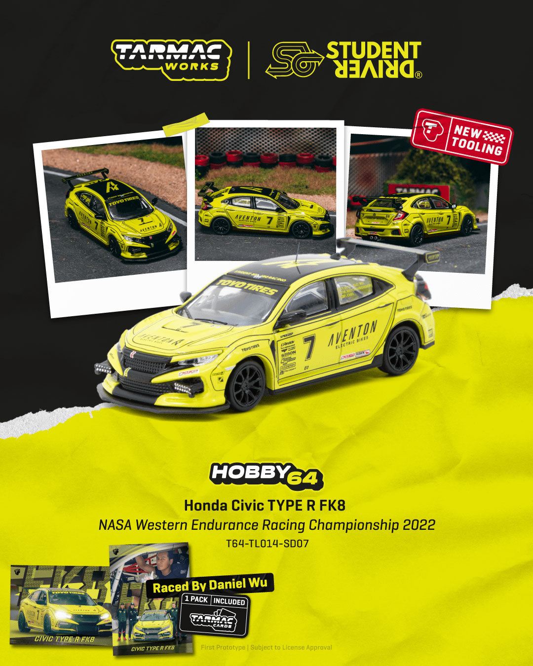 Yellow model car with branding and racing details on a black and yellow background