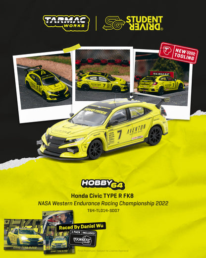Yellow model car with branding and racing details on a black and yellow background