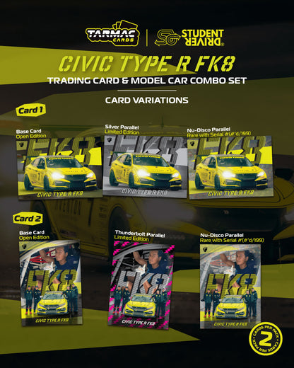 Trading card and model car combo set for Honda Civic Type R FK8 with card variations displayed.