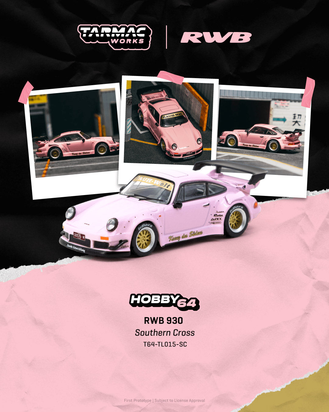 Pink model car with 'Hobby64' branding on a black background