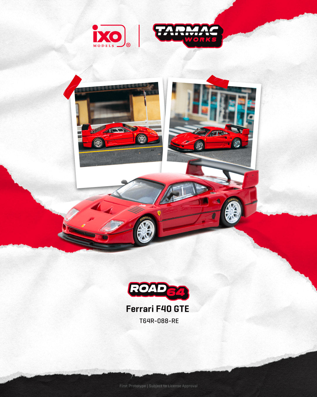 Model Ferrari F40 GTE with Ixo and Tarmac Works branding on a white and red background.