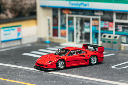 Red model car on a road with a blurred background of a store.