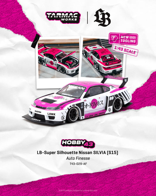 Model car kit of LB-Super Silhouette Nissan Silvia with Tarmac Works and Hobby43 branding on a white and pink background.