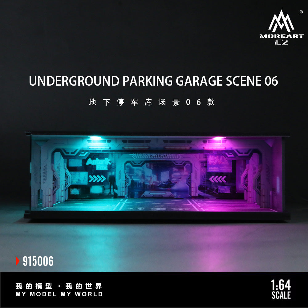 Model of an underground parking garage scene with colorful lighting on a dark background, featuring the brand 'MoreArt'.