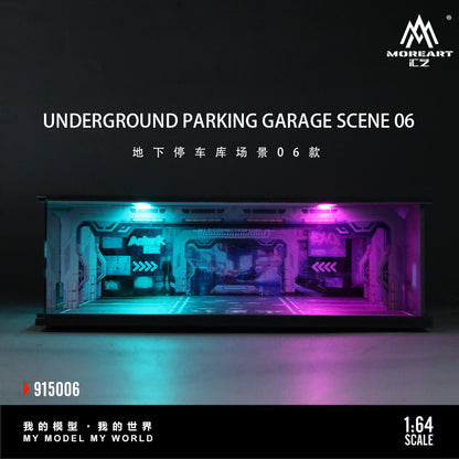 Model of an underground parking garage scene with colorful lighting on a dark background, featuring the brand 'MoreArt'.