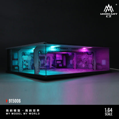 Model of a futuristic building with colorful lighting on a dark background, featuring the brand 'MoreArt'.