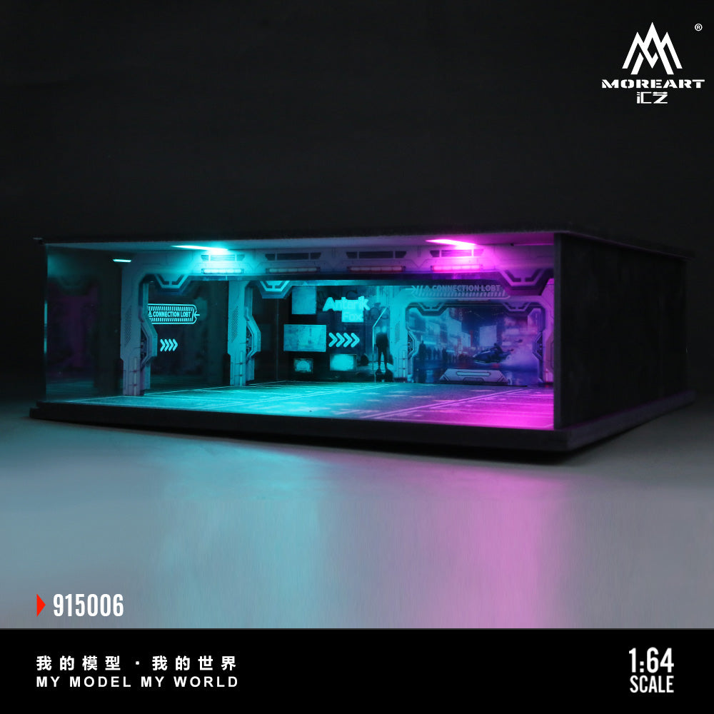 Model of a futuristic interior with colorful lighting, branded 'MoreArt', on a dark background.