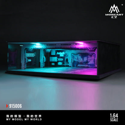 Model of a futuristic interior with colorful lighting, branded 'MoreArt', on a dark background.