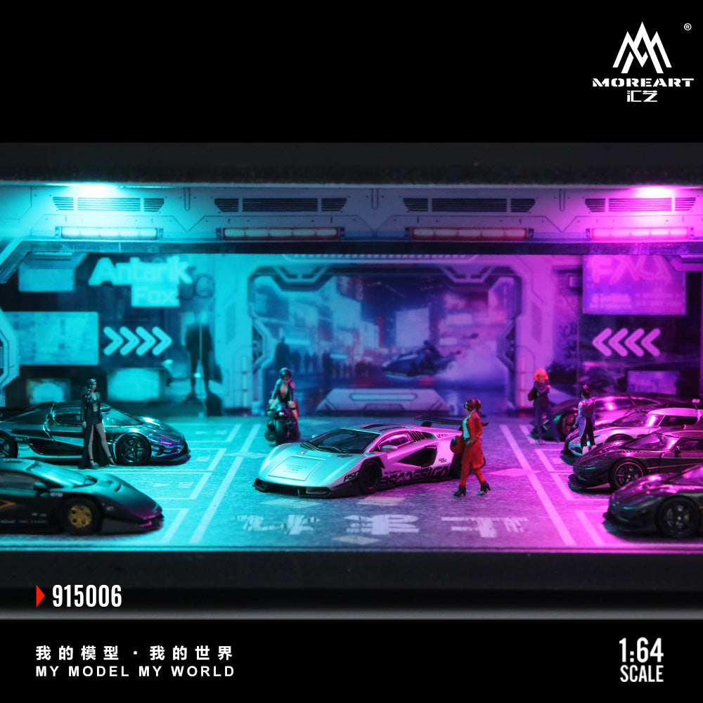 Model of a futuristic cityscape with cars and people, illuminated with neon lights, featuring the brand 'MoreArt'.