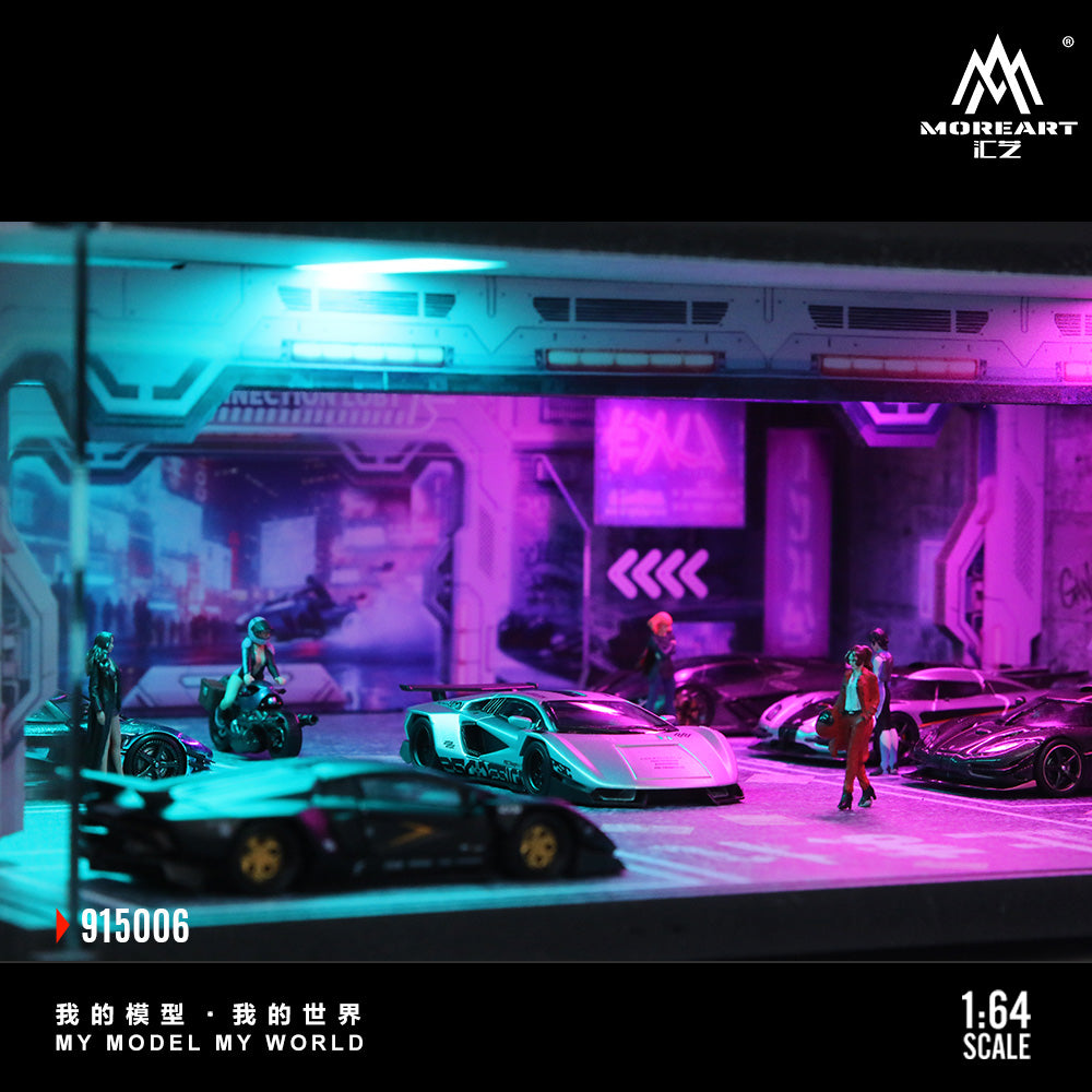 Model car display with futuristic design and neon lighting, featuring the brand 'MoreArt'.