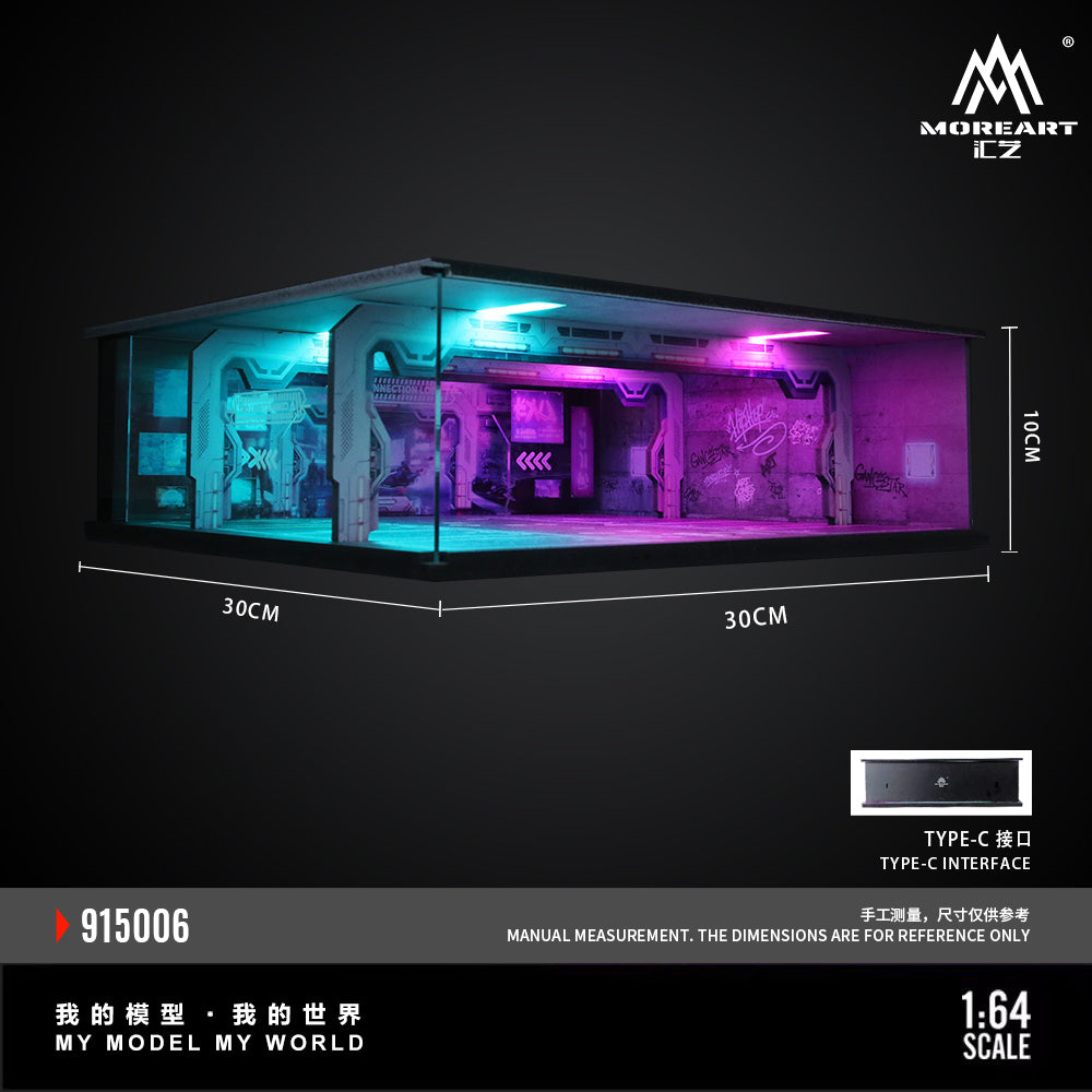 Miniature model of a futuristic interior with dimensions and branding on a dark background