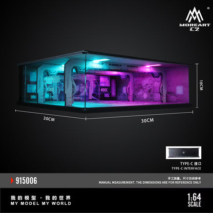 Miniature model of a futuristic interior with dimensions and branding on a dark background