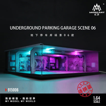 Model of an underground parking garage scene with colorful lighting, featuring the brand 'MoreArt'.
