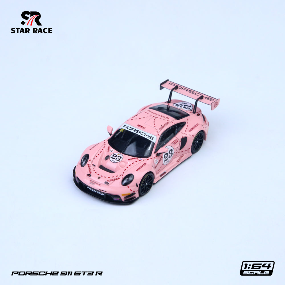 Pink Porsche 911 GT3 R model car on a light gray background with 'Star Race' branding.