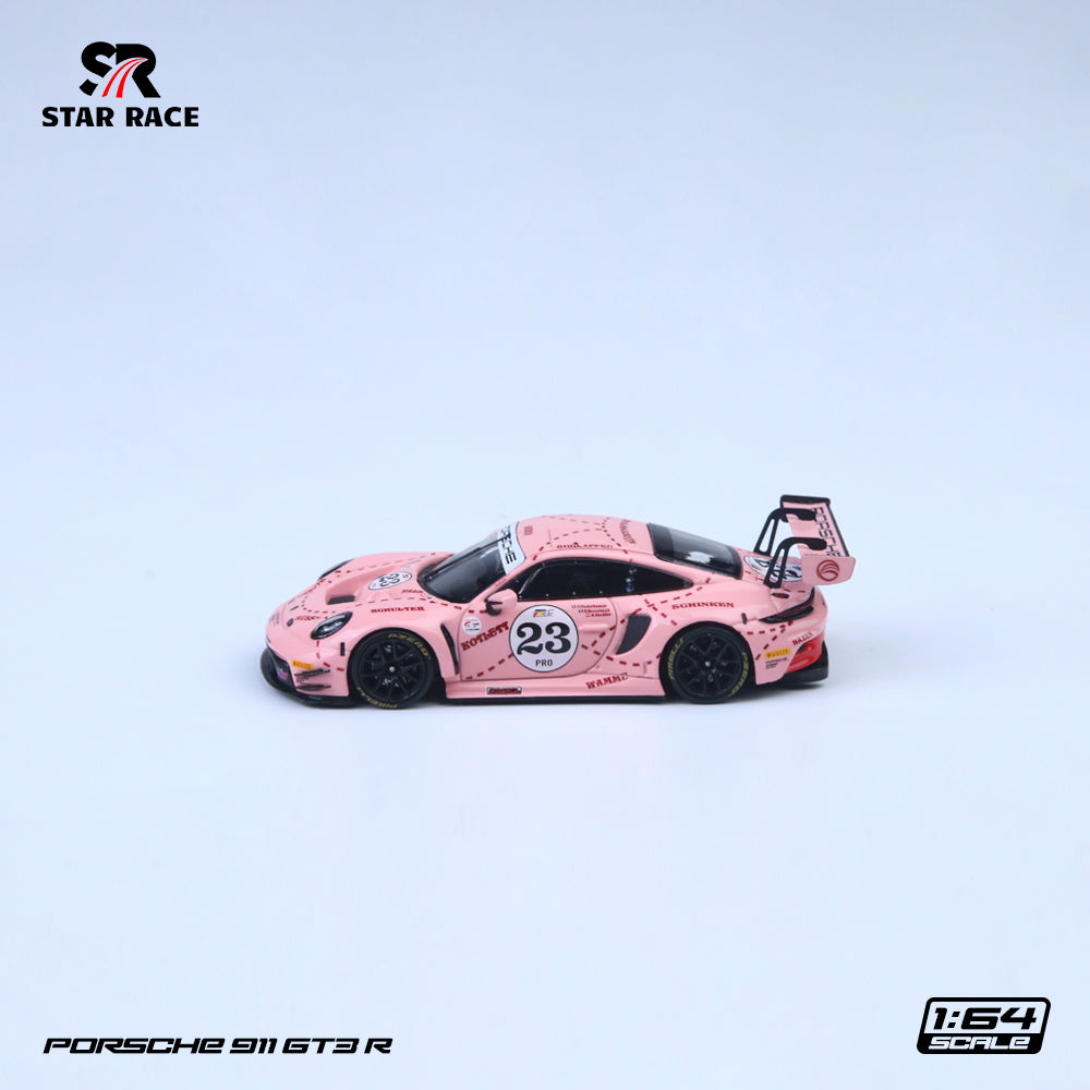 Pink Porsche 911 GT3 R model car with open door on a white background, featuring Star Race branding.
